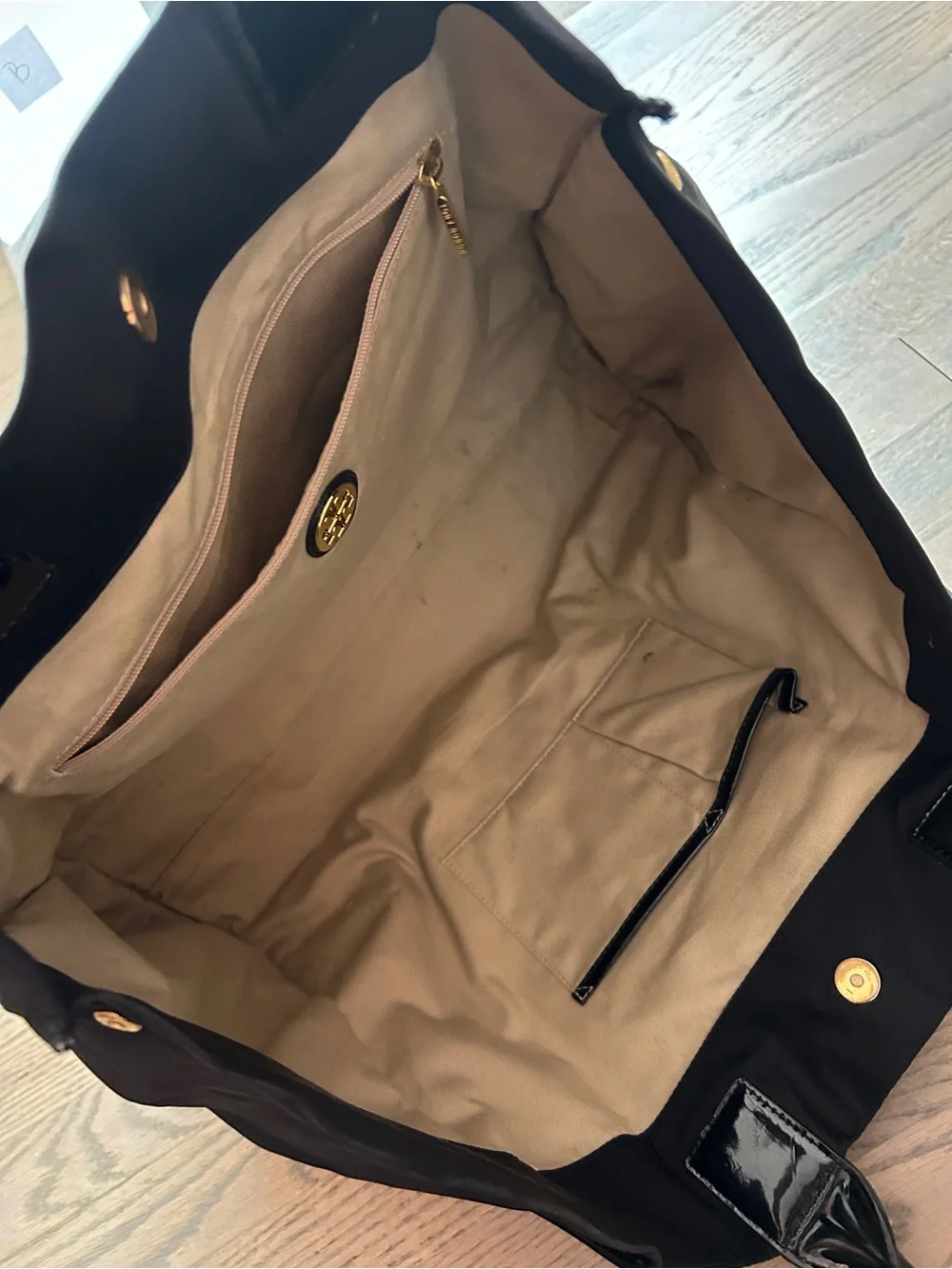 Tory Burch Black Nylon Tote with Glossy Patent Logo